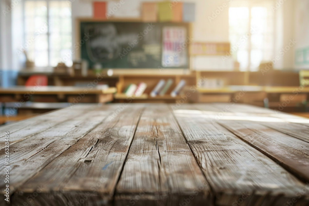 A wooden desk in the foreground with a blurred background of a classroom. The background features student desks, a chalkboard or whiteboard, educational posters on the walls, and shelves. A wooden desk in the foreground with a blurred background of a classroom. The background features student desks, a chalkboard or whiteboard, educational posters on the walls, and shelves.