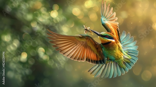 A colorful beeeater bird with vibrant green and brown feathers is captured in mid-flight photo