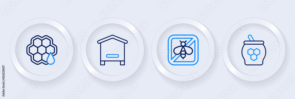 Set line Jar of honey and dipper stick, Stop bee, Hive for bees and Honeycomb icon. Vector Set line Jar of honey and dipper stick, Stop bee, Hive for bees and Honeycomb icon. Vector