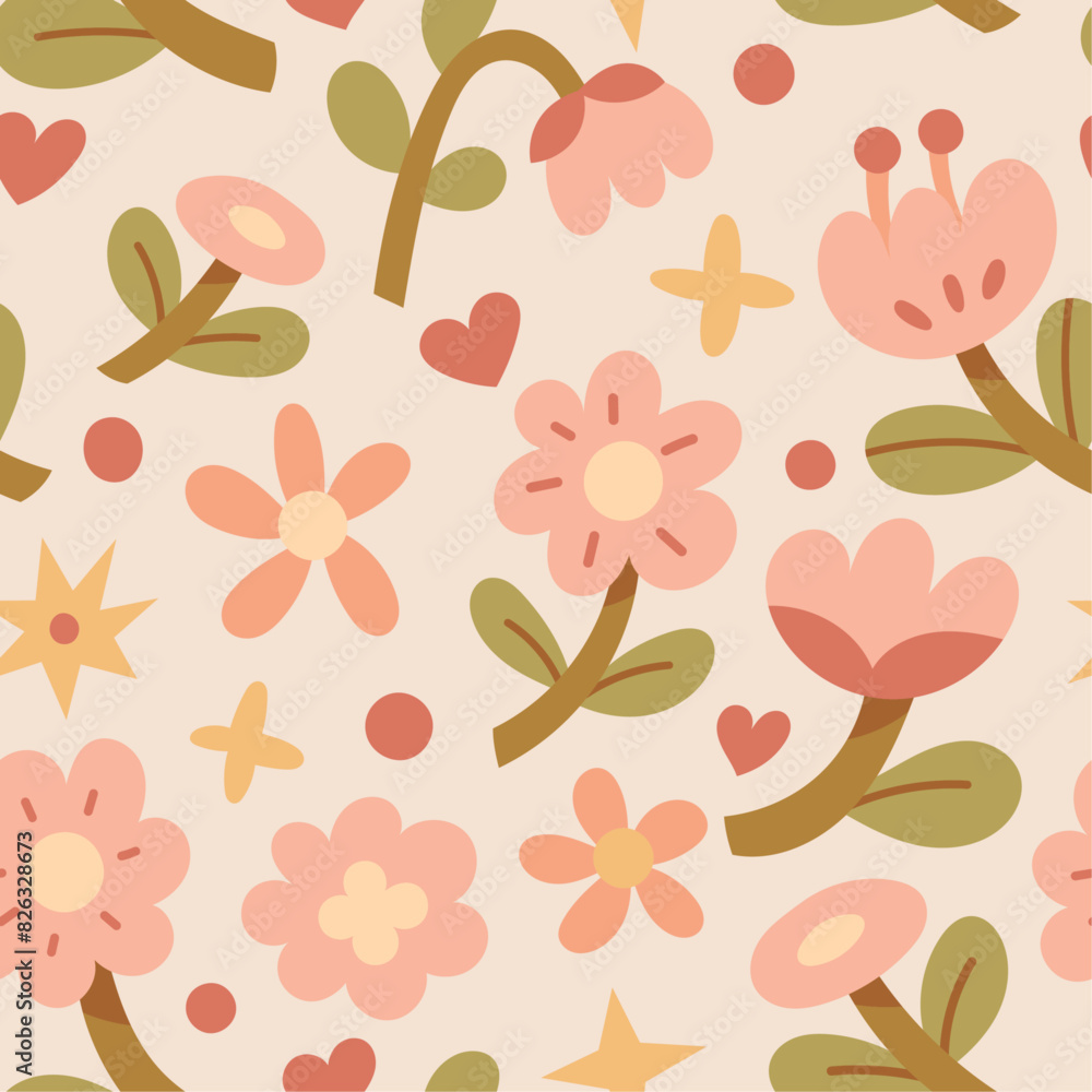 Fototapeta premium Cute floral vector seamless pattern. Delicate background with hand-drawn flowers and leaves. Colorful botanical illustration with abstract elements.