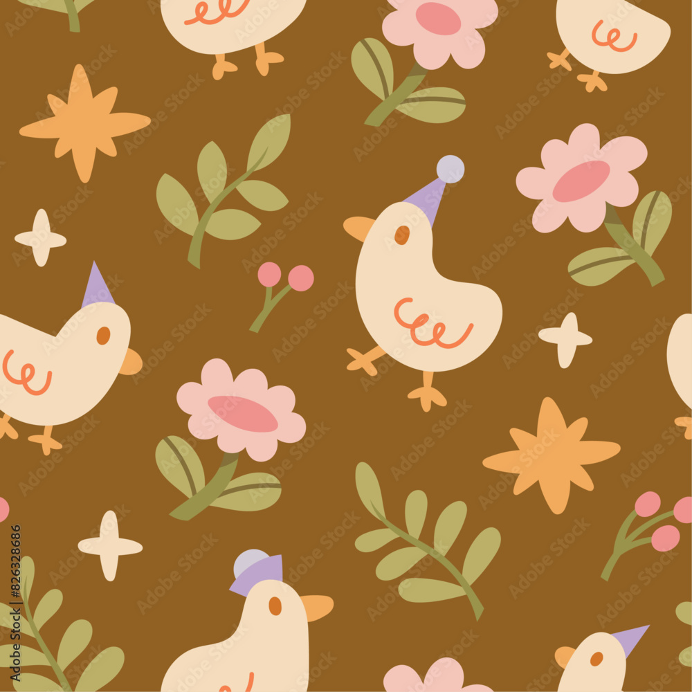 Vector seamless pattern with cute ducks and botanical elements. Hand drawn illustration with cartoon style for print, fabric, textile. Vector seamless pattern with cute ducks and botanical elements. Hand drawn illustration with cartoon style for print, fabric, textile.