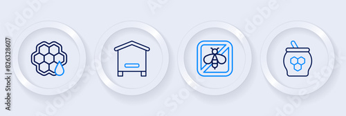 Set line Jar of honey and dipper stick, Stop bee, Hive for bees and Honeycomb icon. Vector