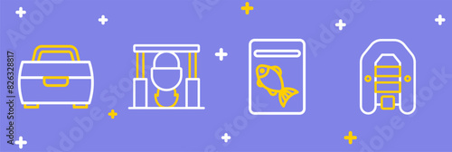 Set line Inflatable boat with motor, Served fish on plate, Campfire and pot and Fishing hook icon. Vector