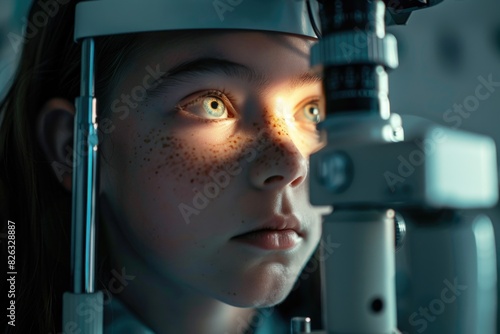 A young girl with freckles using a microscope. Suitable for educational projects