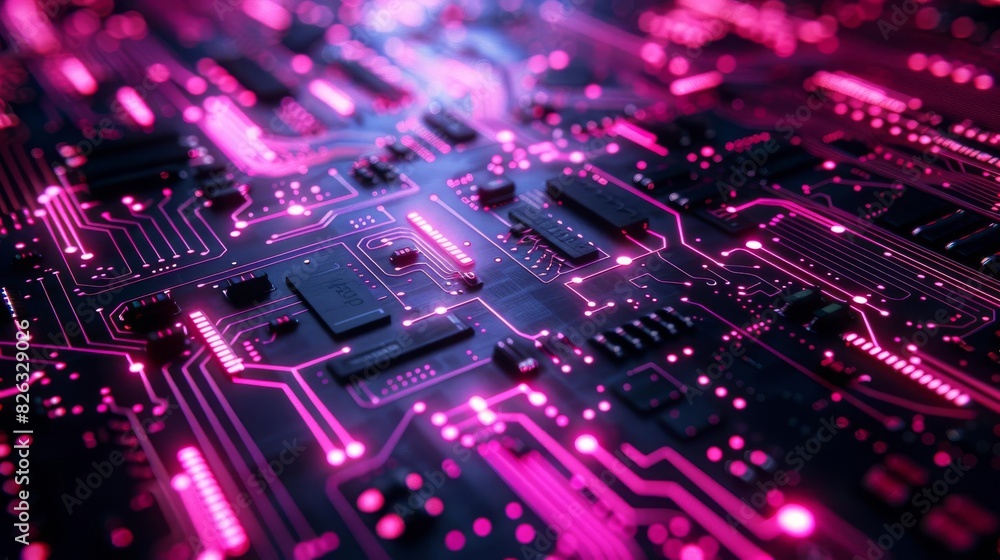 An electronic circuit board with glowing pink neon lights An electronic circuit board with glowing pink neon lights