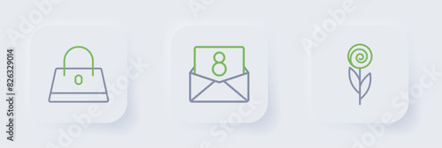 Set line Flower, Envelope with 8 March and Handbag icon. Vector