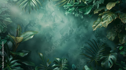 A lush green tropical leaf background with a dark green textured backdrop. © NongKirana