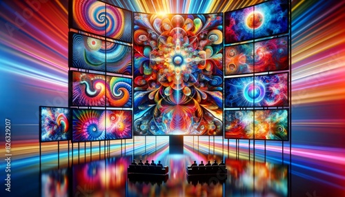 A dazzling multimedia video wall bursting with psychedelic colors and abstract patterns, each screen a window into a vibrant dreamscape. Generative AI