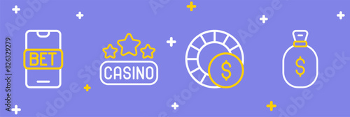 Set line Money bag, Casino chips, signboard and Online sports betting icon. Vector