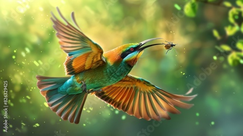 A colorful beeeater bird with vibrant green and brown feathers is captured in mid-flight photo