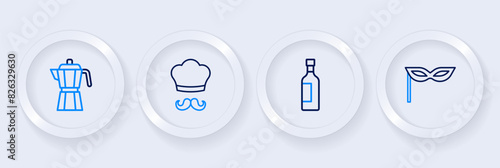 Set line Carnival mask, Bottle of wine, Italian cook and Coffee maker moca pot icon. Vector