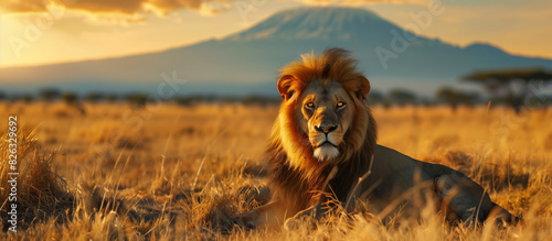 wild powerful cat sitting in savanna jungle banner