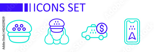 Set line Infographic of city map, Taximeter device, driver and cap icon. Vector