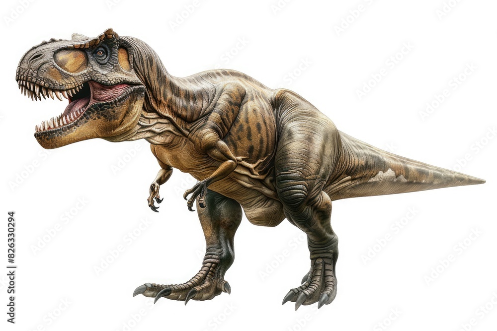 Fototapeta premium A fierce T-Rex with its mouth wide open. Perfect for educational materials or dinosaur-themed projects