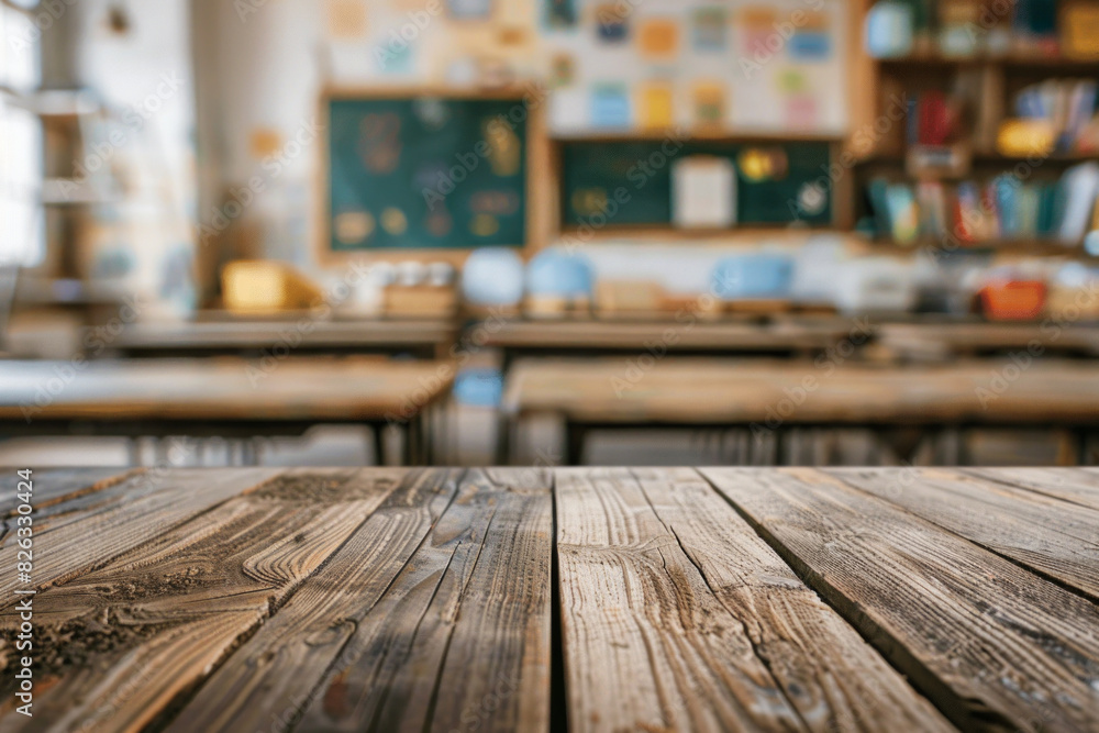 A wooden desk in the foreground with a blurred background of a classroom. The background features student desks, a chalkboard or whiteboard, educational posters on the walls, and shelves. A wooden desk in the foreground with a blurred background of a classroom. The background features student desks, a chalkboard or whiteboard, educational posters on the walls, and shelves.