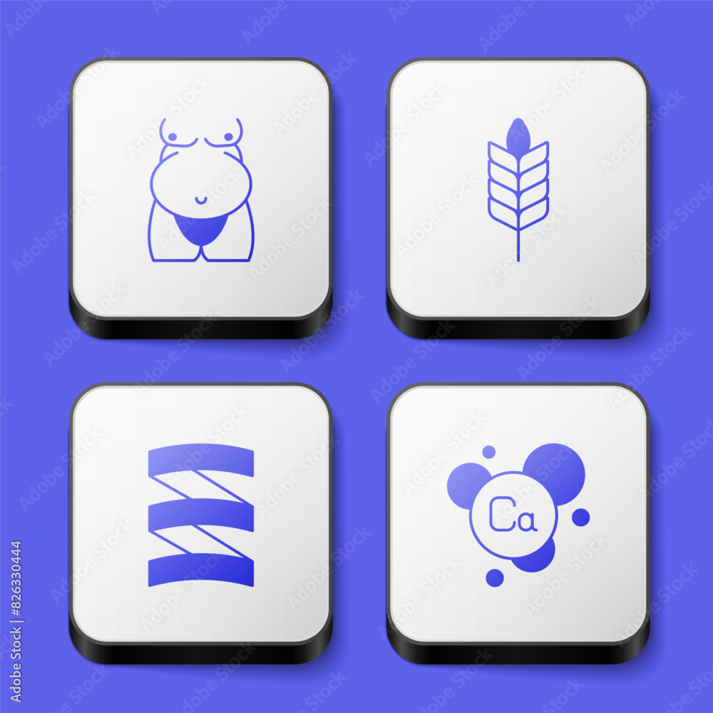Set Obesity, Wheat, Sports nutrition proteine and Calcium icon. White square button. Vector