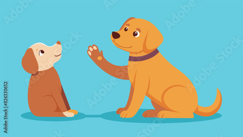 As the owner demonstrates the shake command a e puppy eagerly lifts its paw in anticipation of receiving a treat.. Vector illustration