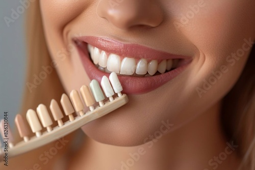 Smiling young woman. Cosmetological teeth whitening in a dental clinic. selection of the tone of the implant tooth