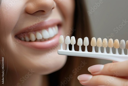 Smiling young woman. Cosmetological teeth whitening in a dental clinic. selection of the tone of the implant tooth