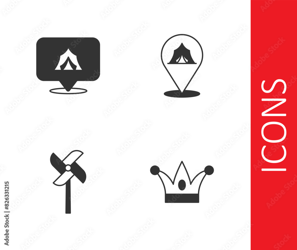 Set Jester hat with bells, Circus tent, Pinwheel toy and icon. Vector Set Jester hat with bells, Circus tent, Pinwheel toy and icon. Vector