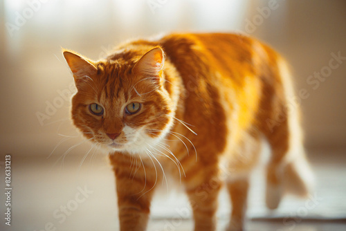 Billede på lærred a ginger cat with an interesting look walking across a floor
