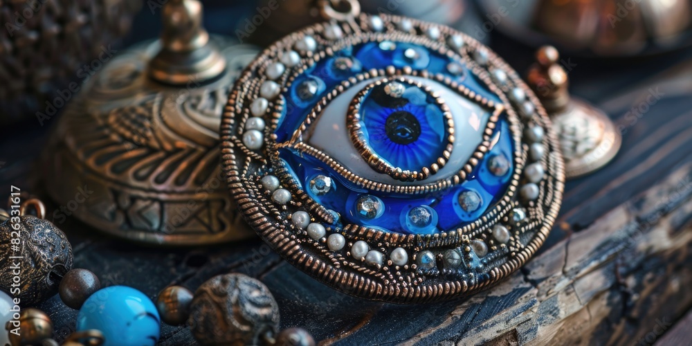 A close up of a necklace with an evil eye. Perfect for jewelry design inspiration A close up of a necklace with an evil eye. Perfect for jewelry design inspiration