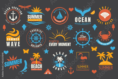 Badge summer. Logo design. Island tropical beach emblem, surfing party. Journey icon, vacation exotic, relax label, sun and ocean vintage, travel stamp collection. Vector holiday garish sign set