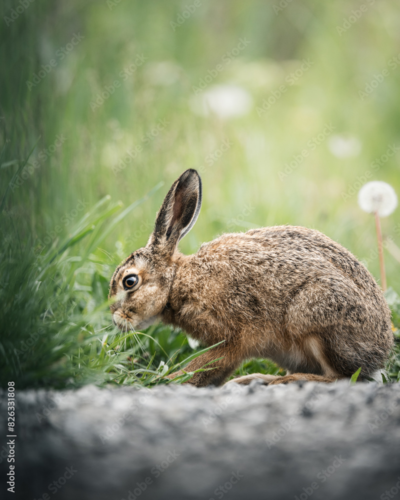 Fototapeta premium Vertical shot of an adorable brown rabbit grazing on a grassy field