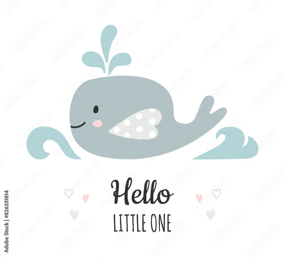 Cute lettered handwritten greeting card Hello little one. Hand drawn whale in doodle style. Funny kids character for nursery, children's clothes and T-shirts, wallpaper, packaging Cute lettered handwritten greeting card Hello little one. Hand drawn whale in doodle style. Funny kids character for nursery, children's clothes and T-shirts, wallpaper, packaging
