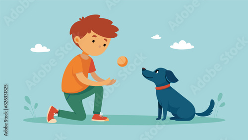 A young boy with PTSD plays fetch with a dog the repetitive motion and unconditional love helping him to calm his intrusive thoughts.. Vector illustration
