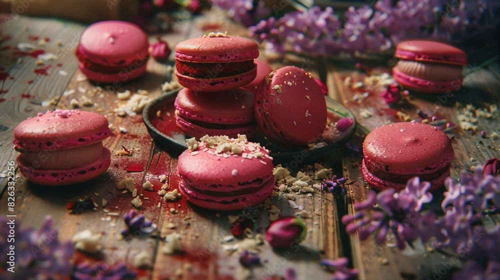 A group of pink macaroons resting atop a wooden table alongside purple blossoms A group of pink macaroons resting atop a wooden table alongside purple blossoms