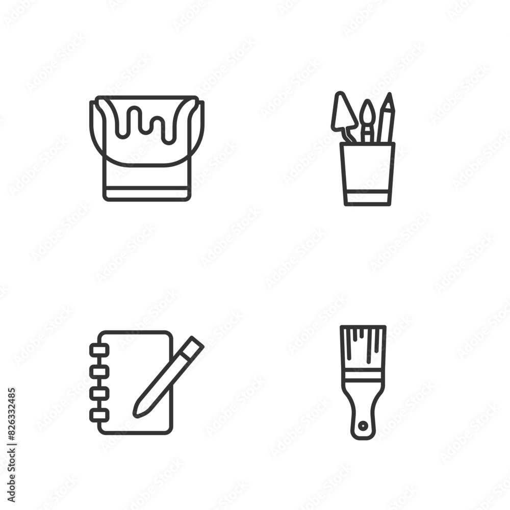 Set line Paint brush, Notebook, bucket and Pencil case stationery icon. Vector Set line Paint brush, Notebook, bucket and Pencil case stationery icon. Vector