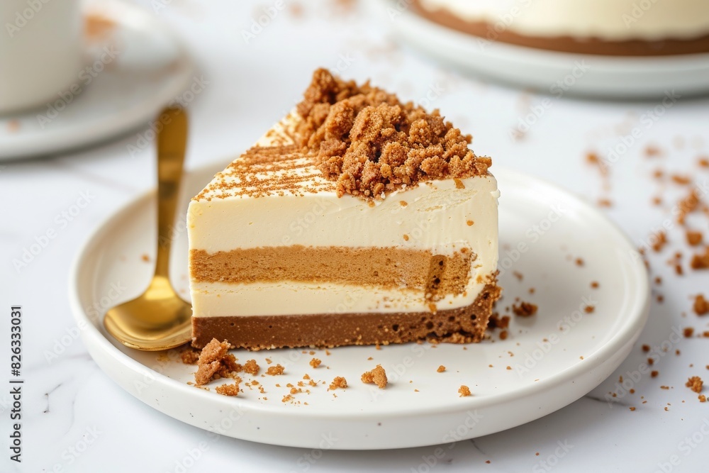 Piece of biscoff layered cheesecake on a white plate along with spoon on a white background Piece of biscoff layered cheesecake on a white plate along with spoon on a white background