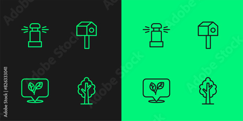 Set line Tree, Leaf, Automatic irrigation sprinklers and Bird house icon. Vector