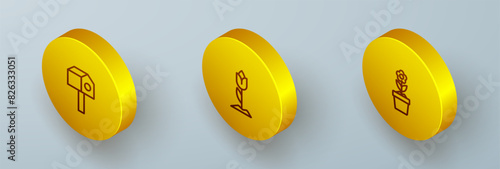 Set Isometric line Bird house, Flower tulip and in pot icon. Vector