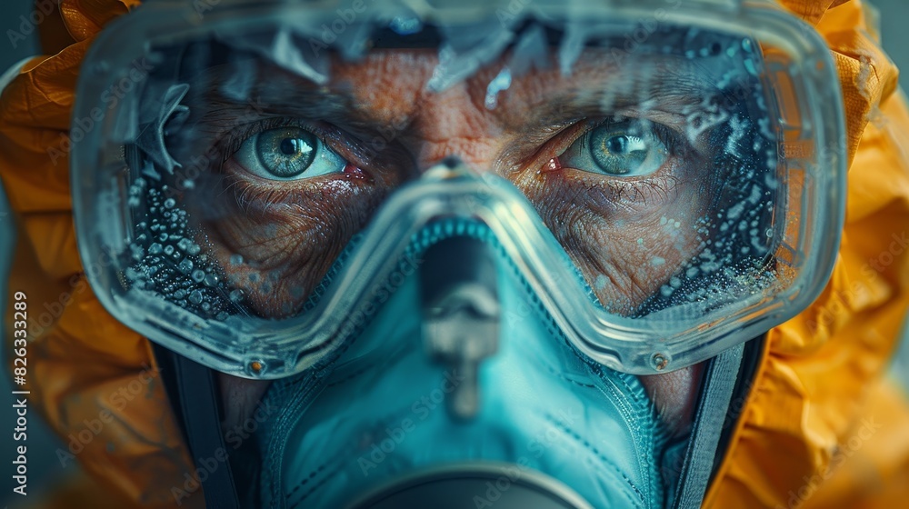 Close-up of a person wearing protective gear and goggles, showcasing intense eyes. Perfect for health, safety, or hazardous environment themes. Close-up of a person wearing protective gear and goggles, showcasing intense eyes. Perfect for health, safety, or hazardous environment themes.