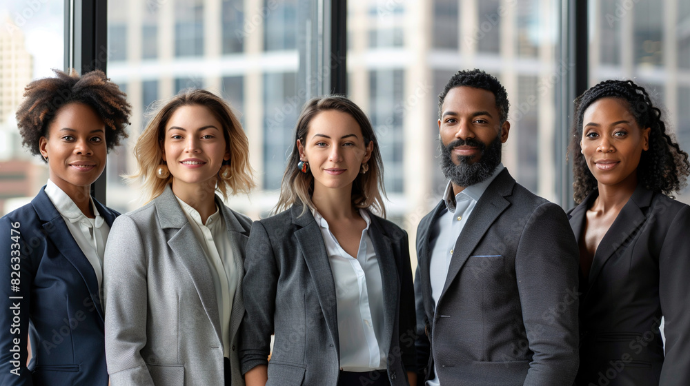 Team of businessmen consisting of diverse men and women. Photo in office by the window Team of businessmen consisting of diverse men and women. Photo in office by the window
