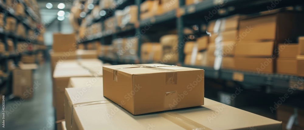Cardboard boxes stacked neatly in a large warehouse. Perfect logistics and organization concept with a focus on storage and distribution. Cardboard boxes stacked neatly in a large warehouse. Perfect logistics and organization concept with a focus on storage and distribution.