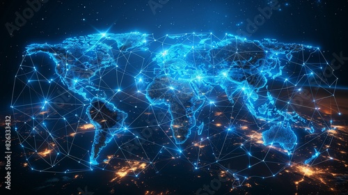 Digital world map composed of blue network connections and glowing points, representing global connectivity and modern technology. photo