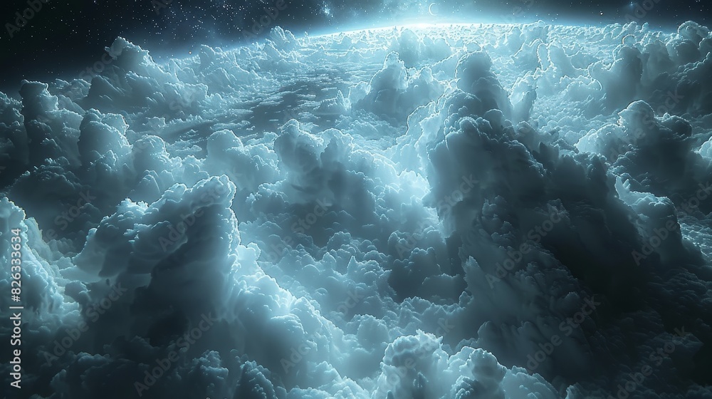Majestic view of a surreal, otherworldly landscape with towering, illuminated clouds against a dark sky. Majestic view of a surreal, otherworldly landscape with towering, illuminated clouds against a dark sky.