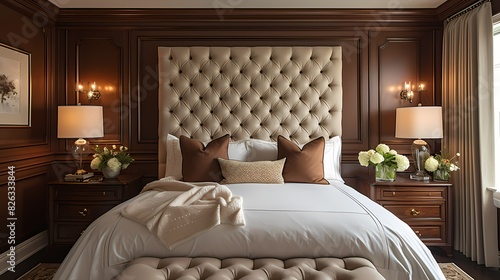 A sophisticated bedroom design boasting a custom-made upholstered headboard with diamond-tufted detailing  paired with elegant bedside tables and a plush bench at the foot of the bed  all bathed