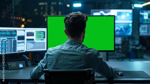 The confident male data scientist uses a green screen mock up template on a computer in the call center office. A senior engineer works with his colleagues in the big infrastructure control and