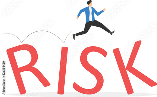 Businessman try to walk and balancing on risk word. Risk management concept, flat vector illustration