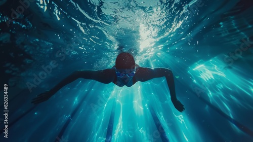 Female swimmer using front crawl, freestyle in swimming pool. Professional athlete training for a championship. Stylish colors, high angle shot with dramatic lighting. photo