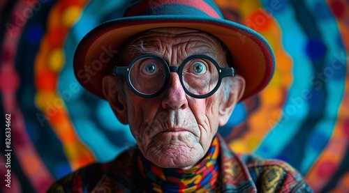 old man in old hat in front of colorful wall art, in the style dots photo