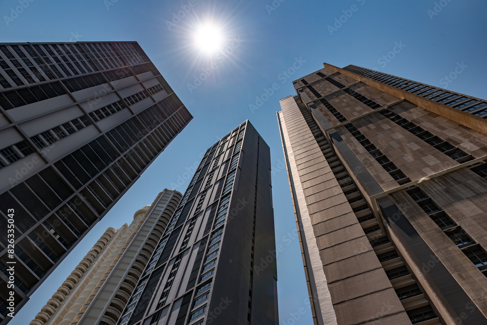 Fototapeta premium Exterior of high risers and trees silhouetted against a vibrant sunset