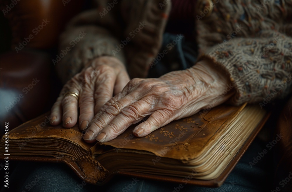 An black-and-white image of old woman's hands on Bible An black-and-white image of old woman's hands on Bible