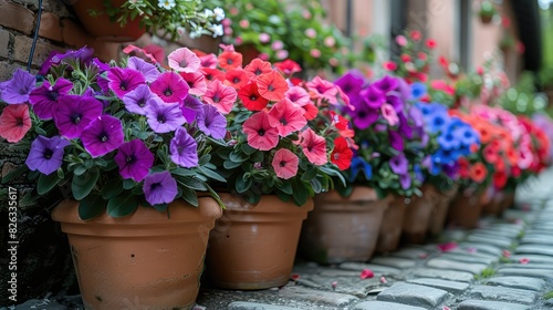 Wallpaper Mural Colorful Petunias in Hanging Baskets: A Closeup View Along a Cobblestone Alleyway - A Raster Image for Floral Enthusiasts Torontodigital.ca