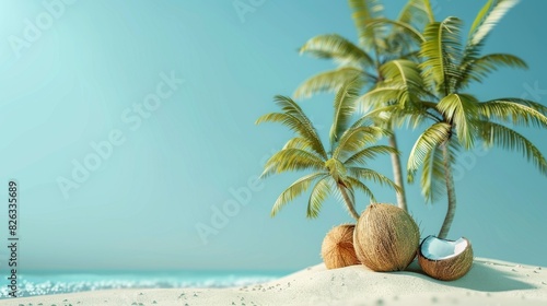 On a blue background, coconut trees grow on beach sand. Summer concept illustration. 3D rendering.