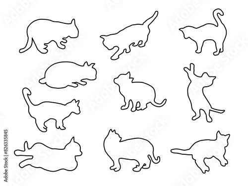 Line art, doodle,line background of Cat cartoon isolate on white background. Concept card ,put color , cute texture, fabric. Copy space for your text.